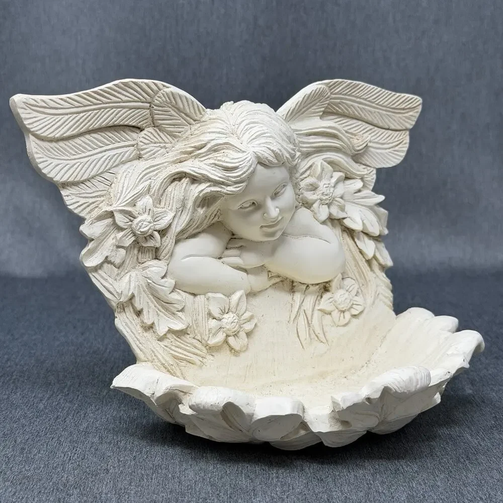 Vintage Cherub Angel Wall Mount Bird Bath Garden Decor Soap Dish Ivory Resin